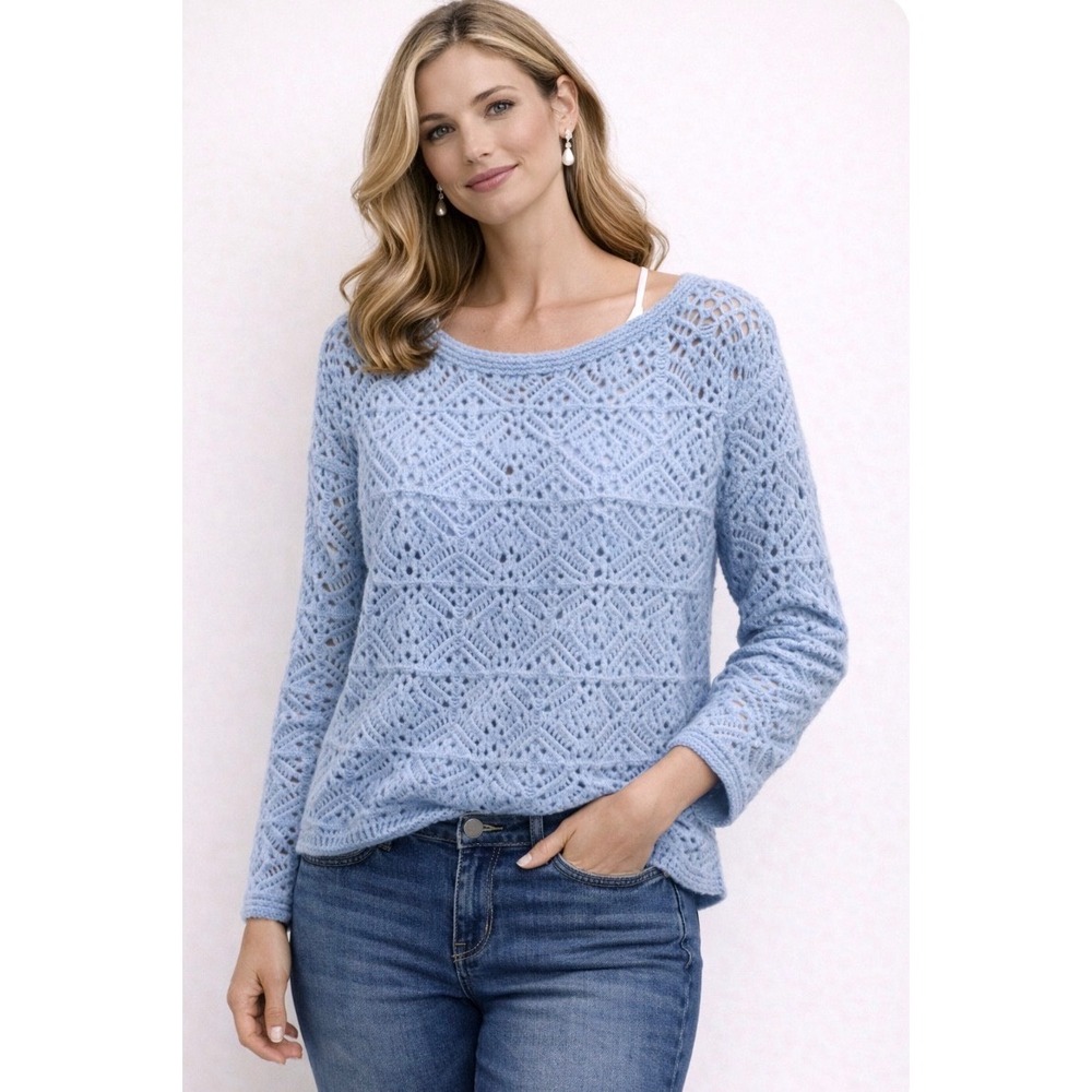 Romantic Bridgerton Light Blue Crochet Knit Diamond Pattern Sweater M cottagecor